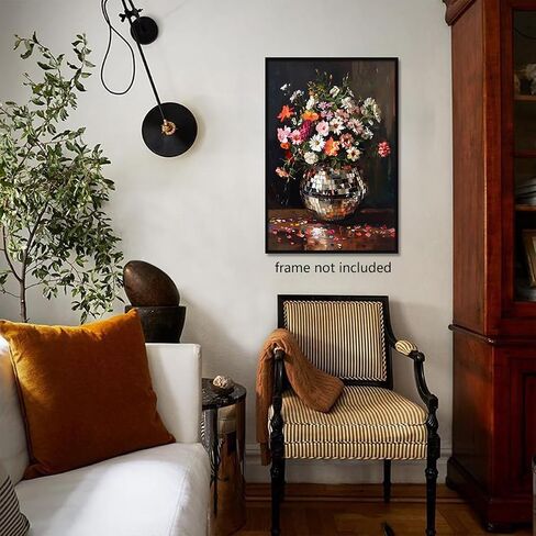 Colorful Moody Florals Disco Ball Canvas Wall Art, Maximalist Funky Wildflowers Bouquet Disco Ball Poster, Retro Cottagecore Flower Prints Paiting, Vintage Eclectic Wall Decor 12x16in Unframed in Saudi Arabia