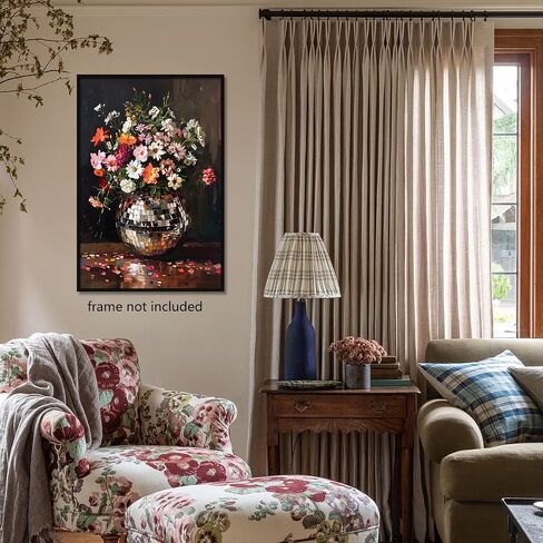 Colorful Moody Florals Disco Ball Canvas Wall Art, Maximalist Funky Wildflowers Bouquet Disco Ball Poster, Retro Cottagecore Flower Prints Paiting, Vintage Eclectic Wall Decor 12x16in Unframed in Saudi Arabia