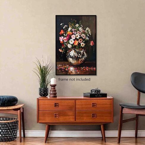 Colorful Moody Florals Disco Ball Canvas Wall Art, Maximalist Funky Wildflowers Bouquet Disco Ball Poster, Retro Cottagecore Flower Prints Paiting, Vintage Eclectic Wall Decor 12x16in Unframed in Saudi Arabia