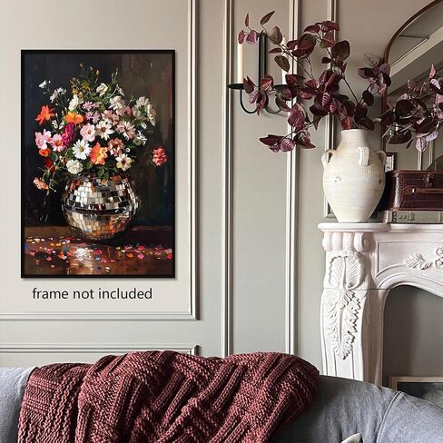 Colorful Moody Florals Disco Ball Canvas Wall Art, Maximalist Funky Wildflowers Bouquet Disco Ball Poster, Retro Cottagecore Flower Prints Paiting, Vintage Eclectic Wall Decor 12x16in Unframed in Saudi Arabia