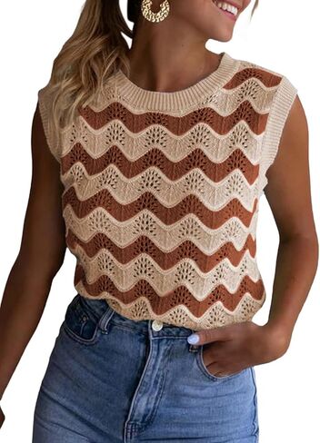 سترة SHEWIN للنساء ذات رقبة مستديرة ومخططة من الكروشيه بدون أكمام in Kuwait