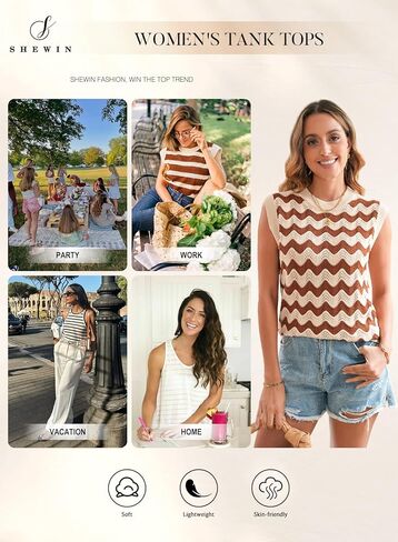 سترة SHEWIN للنساء ذات رقبة مستديرة ومخططة من الكروشيه بدون أكمام in Kuwait