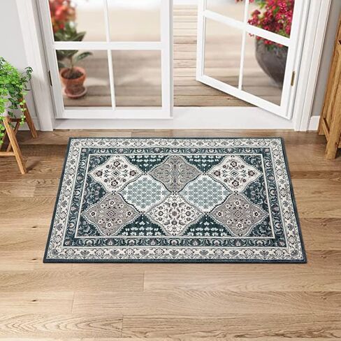 Entryway Rug 2x3 Small Area Rug Machine Washable Rug Indoor Non Slip Stain Resistant Throw Floor Cover Vintage Accent Rug Traditional Plaid Rug Carpet for Living Room Bedroom Kitchen, Blue in Saudi Arabia
