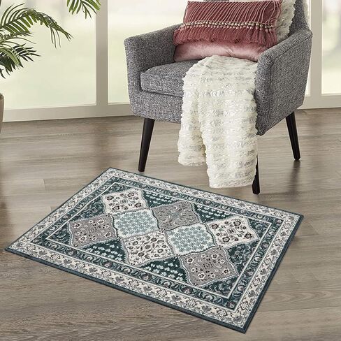 Entryway Rug 2x3 Small Area Rug Machine Washable Rug Indoor Non Slip Stain Resistant Throw Floor Cover Vintage Accent Rug Traditional Plaid Rug Carpet for Living Room Bedroom Kitchen, Blue in Saudi Arabia