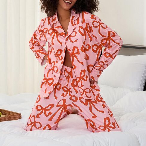 Owl's-Yard Women's 2 Piece PJS Set Y2k Bow Print Long Sleeve Lapel Button Up Shirt+long Pants Pajama Sets Sleepwear in Saudi Arabia