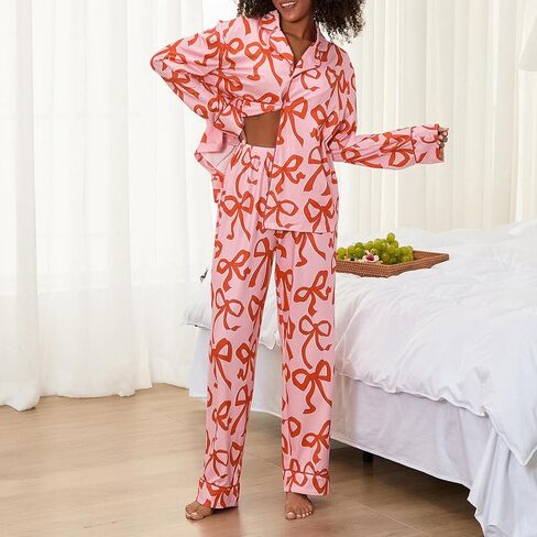 Owl's-Yard Women's 2 Piece PJS Set Y2k Bow Print Long Sleeve Lapel Button Up Shirt+long Pants Pajama Sets Sleepwear in Saudi Arabia