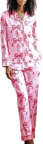 Owl's-Yard Women's 2 Piece PJS Set Y2k Bow Print Long Sleeve Lapel Button Up Shirt+long Pants Pajama Sets Sleepwear in Saudi Arabia