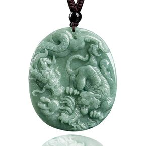 Hand-Carved Dragon Tiger Natural Jade Pendant Necklace for Men Women, Zodiac Stone Amulet Fashion Jewelry Accessories Necklace for Gifts