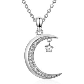 Moon Necklace with Diamonds Sterling Silver Necklace for Women 1/10 Carat Moon and Star Jewelry (D Color, VVS Clarity)