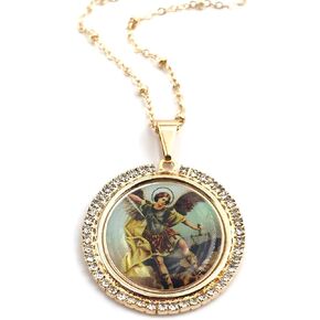LESLIE BOULES St Michael The Archangel Pendant Necklace 18K Gold Plated Chain 18 Inches Length