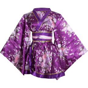 Women's Sexy Short Kimono Costume Adult Japanese Geisha Yukata Prints Gown Fancy Dress with Obi Belt