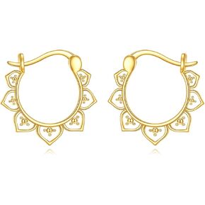 KECHO 14K Solid Gold Lotus Hoop Earrings Petal Floral Flower Hoop Earrings Yoga Hook Earrings Bali Boho Style Jewelry Gifts Snap Down Closure Lotus Hoop Earrings Gifts for Women Mother Wife Girlfriend