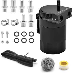 350ml Universal Oil Catch Can 0046 Aluminum Polish Baffled Reservoir Car Oil Catch Can Kit with 3/8" Fuel Line/6 Fittings/Stainless Steel Wool/Thread Seal Tape/Necessary Screws,Black