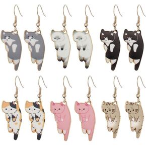 ONLYJUMP 6Pairs Dangling Cat Earrings For Women Kawaii Aesthetic Funny Cartoon Kitten Dangle Earrings French Hook Animals Lover Birthday Gifts