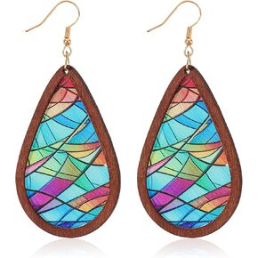 Bohemian Wood Teardrop Earrings for Women Acrylic Colorful Teardrop Dangle Earrings Handmade Natural Wooden Earrings Boho Geometric Flower Leaf Cross Earrings Statement Lightweight Ethnic Earrings Vintage Retro Jewelry
