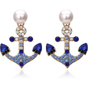 Anchor Earrings Rhinestone Ship Anchor Drop Dangle Earrings for Women Navy Sailor Ship Symbol Anchor Drop Earrings Ocean Anchor Bohemian Earrings Studs Hypoallergenic Crystal Pearl Anchor Statement Earrings Nautical Jewelry