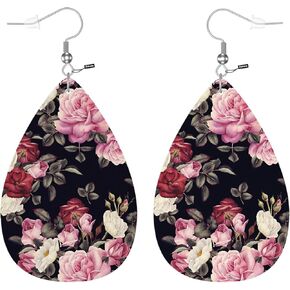 Zokola Rose Flowers Faux Leather Teardrop Earrings For Women Friends, Vintage Blossom Rose Floral Petal Leaf Earrings Dangle Drop Earrings Jewelry Pink Black Hook Earrings