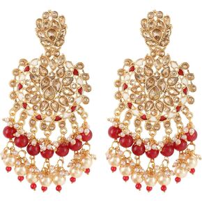 Efulgenz Kundan Earrings Indian Earrings for Women Faux Pearl Earrings Indian Style Indian Bollywood Crystal Kundan Rhinestone Wedding Bridal Chandelier Long Earrings Jewelry Set