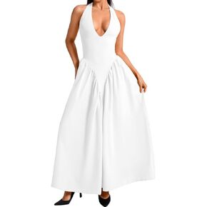 Deep V Neck Dress, Halter Maxi Dresses, Vacation Date Night, Sexy for Women Corset Flowy Wedding Guest Drop Waist