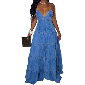 فستان نسائي طويل مثير من Unybwonn من قماش الدنيم بحزام سباغيتي طويل من الجينز بدون ظهر وفتحة رقبة على شكل V بدون أكمام in Kuwait