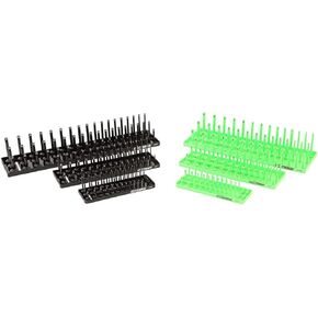 OEMTOOLS 22337 3-Post SAE And Metric Socket Tray Set, 6 Piece, Deep, Shallow, And Impact 3 Row Socket Organizer for Tool Box Drawer, 1/4, 3/8 and 1/2 Inch Drive, SAE And Metric, Black, Green