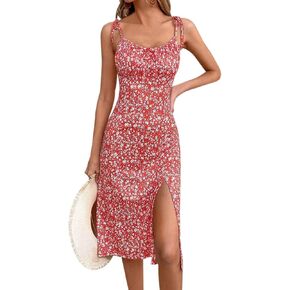 Relipop Women's Floral Slip Summer Dress Square Neck Slit Midi Dresses for Women Spaghetti Strap Sleeveless Casual Sundress