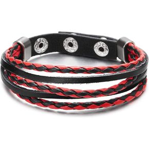 COOLSTEELANDBEYOND Mens Womens Hand-Made Multi-strand Black Red Braided Leather Bangle Bracelet with Snap Button