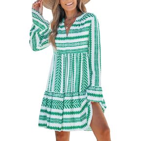 CUPSHE Women's Ruffle Mini Fall Dress Split V Neck Long Bell Sleeve Geometric Stripe Loose Casual Spring Autumn Dresses