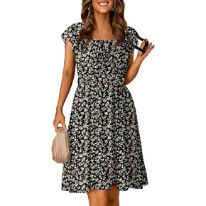 Dokotoo Womens Summer Dresses 2025 Boho Floral Ruffle Sleeve Smocked Elastic Waist Drawstring Tie Casual Mini Dress Sundress