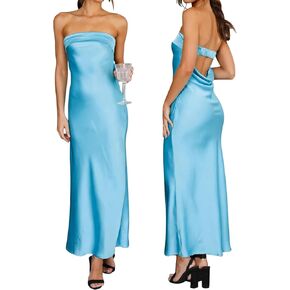 Women's Sexy Satin Tube Maxi Dress Elegant Silk Strapless Open Back Party Cocktail Wedding Guest Formal Long Dresses