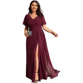 Ever-Pretty Plus Women's V Neck Chiffon Ruched Ruffles Sleeves Side Slit Floor Length Plus Size Bridesmaid Dresses S0050-DA