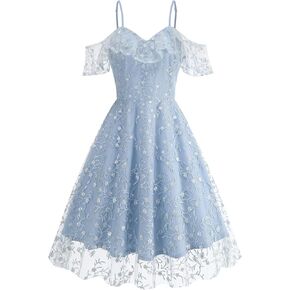 Ruffle Spaghetti Strap Floral Embroidered Dress for Women Flower Wedding Guest Dress Mesh Tulle Prom Tea Party Cocktail Dress