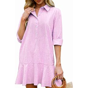 Women‘s Tunic Shirt Mini Dress Long Sleeve Cotton Short Dress Button Up Ruffle Hem Shift Dresses
