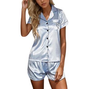 Women Silk Satin Pajamas Set Button Down Short Sleeve Tops With Shorts Nightwear Loungewear 2 Pieces Sleepwear Suit