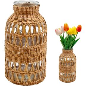 Straw Woven Glass Vase 8.06''x2.75''x4''Boho Glass Flower Vase Country Rustic Style Vase Glass Vase for Floral Arrangements Housewarming Party Home Decor (C Style 8.06IN)