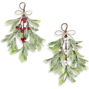 2 Pcs Frosted Mistletoe Hanging Decorations, 10.6'' Mistletoe Christmas Decor Artificial Mistletoe Ornament Hanging Mistletoe Kissing Ball with Berry for Christmas Winter Holiday Decor (2, Red)