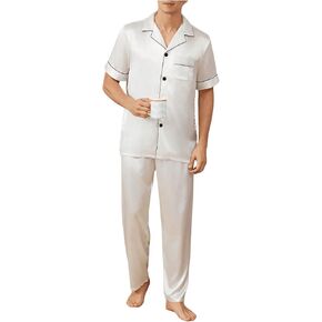 Men's 2 Piece Pajama Sets Satin Short Sleeve Top and Pants Set Button Down Sleepwear Loungewear Pj Sets