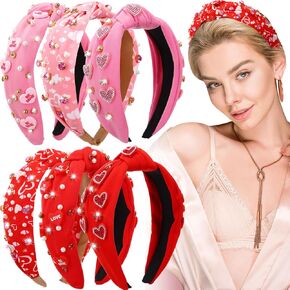 6 Pack Valentines Day Headband Bulk Pearl Crystal Gemstone Heart Knotted HeadBand For Women Pink Red Wide Top Knot Headband Fashionable Retro Headbands Valentine Party Head Accessories