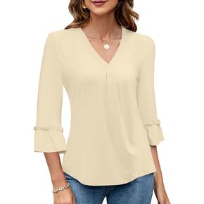 OWIN Women Casual V Neck 3/4 Bell Sleeve Shirt Pleated Tops Tunic Blouses Fashion Clothes 2024