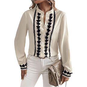 MakeMeChic Women's Floral Embroidery Mock Neck Long Sleeve Blouse Button Down Shirts