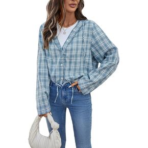 olrain Women Buffalo Hoodie Plaid Shirt Roll Up Long Sleeve Button Down Drawstring Casual Boyfriend Spring Fall Blouse Top