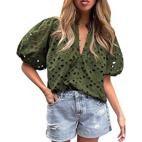 Wyeysyt Puff Sleeve Tops Women Dressy Casual Eyelet Tops Green Blouse Embroidered Hollow Out V Neck Top Button Down Shirts