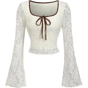 MakeMeChic Women's Floral Lace Bell Sleeve Bow Blouse Top Square Neck Crop Tops