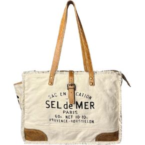RUSTIC TOWN Canvas Leather Tote Bag for Women - Sel De Mer Upcycled Canvas Shoulder Hobo Travel Handbag Ladies Purse Satchel