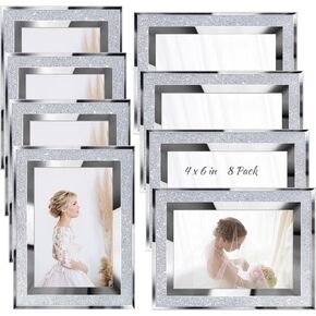 Qunclay 8 Pcs 4x6in Glitter Picture Frame Bulk Valentines Day Picture Frames Crystal Picture Frame Glitter Frame Crystal Photo Silver Crystal Picture Valentines Day Photo Frame(4 x 6 Inch)