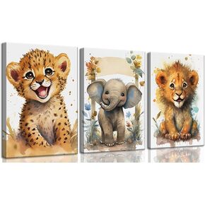 HKMXCD 3Pcs Baby Safari Animal Canvas Wall Art watercolor Animal Wall Decor Picture Lovely Jungle Animal Painting artwork Kids Room Prints for Boy Girl Room Home decoration,12x16in