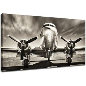 KLVOS - Black and White Wall Art Large Turbine Fighter Aircraft on a Runway Antique Airplane Pictures Print on Canvas Modern Home Decor Framed for Office Ready to Hang (Vintage Aircraft, 24"x40")