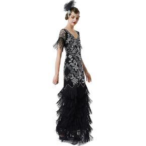 BABEYOND Women's Flapper Dress 1920s V-Neck Evening Gown Sequin Beaded Maxi Dress for Wedding Black Silver