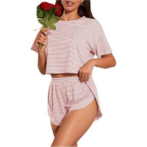 OYOANGLE Women's Two Piece Pajama Set Striped Print Crew Neck Short Sleeve Tee and Side Split Shorts Set