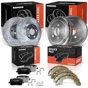A-Premium Front Drilled Brake Rotors + Brake Pads & Rear Brake Drums + Brake Shoes Compatible with Select Toyota Models - Corolla 2003 2004 2005 2006 2007 2008, 12-PC Set